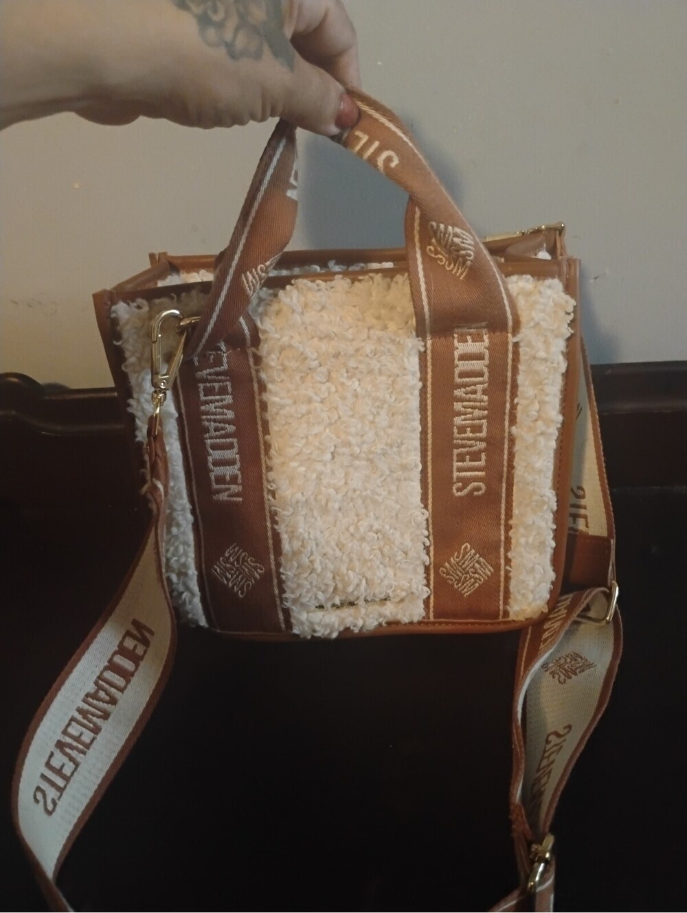 Steve Madden Brown & White Sherpa Fleece Mini Tote Crossbody Bag